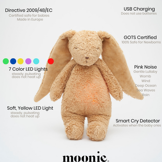 Moonie | Organic Humming Bunny Grey | Baby Sleep Aid with Smart Detector