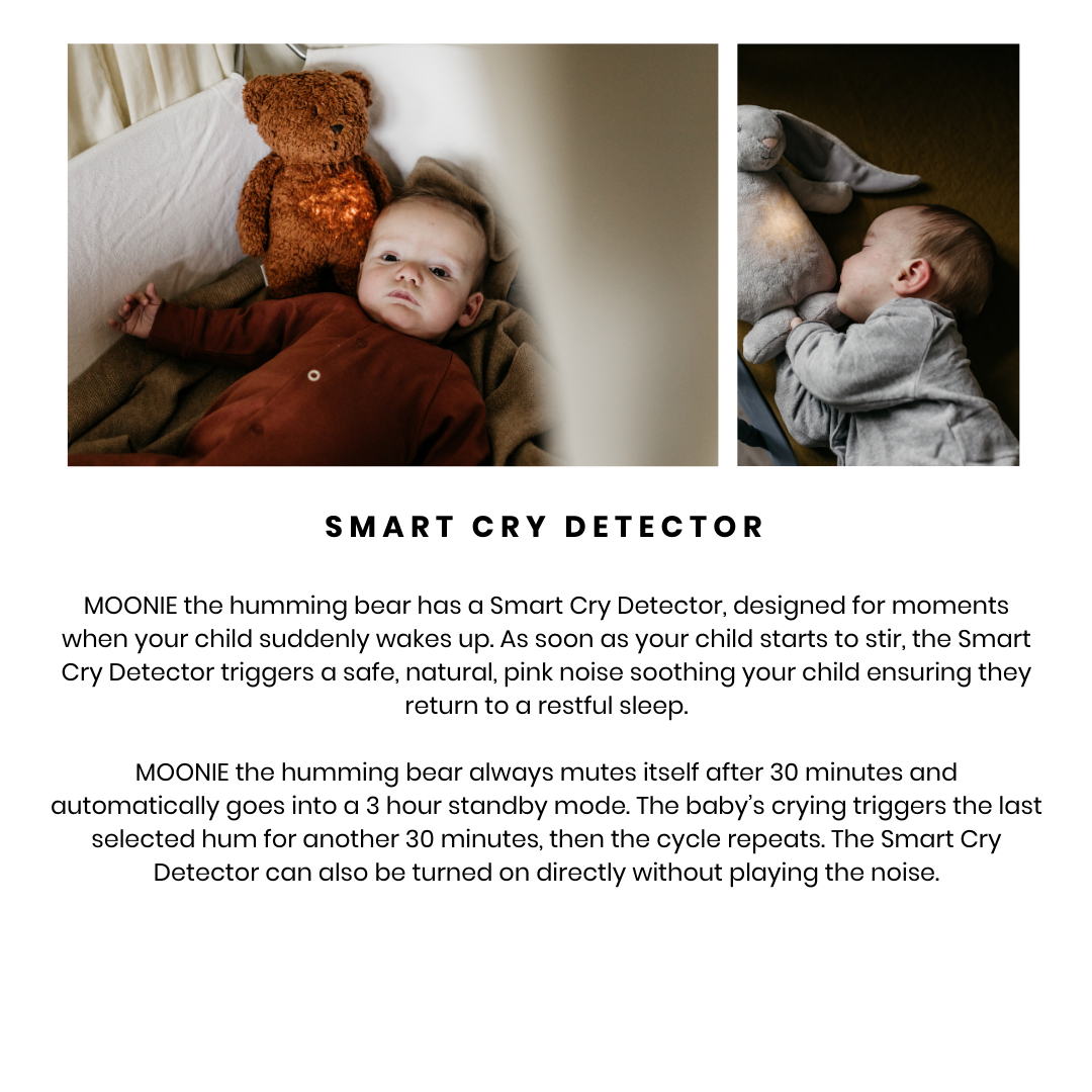 Moonie | Organic Humming Bunny Grey | Baby Sleep Aid with Smart Detector