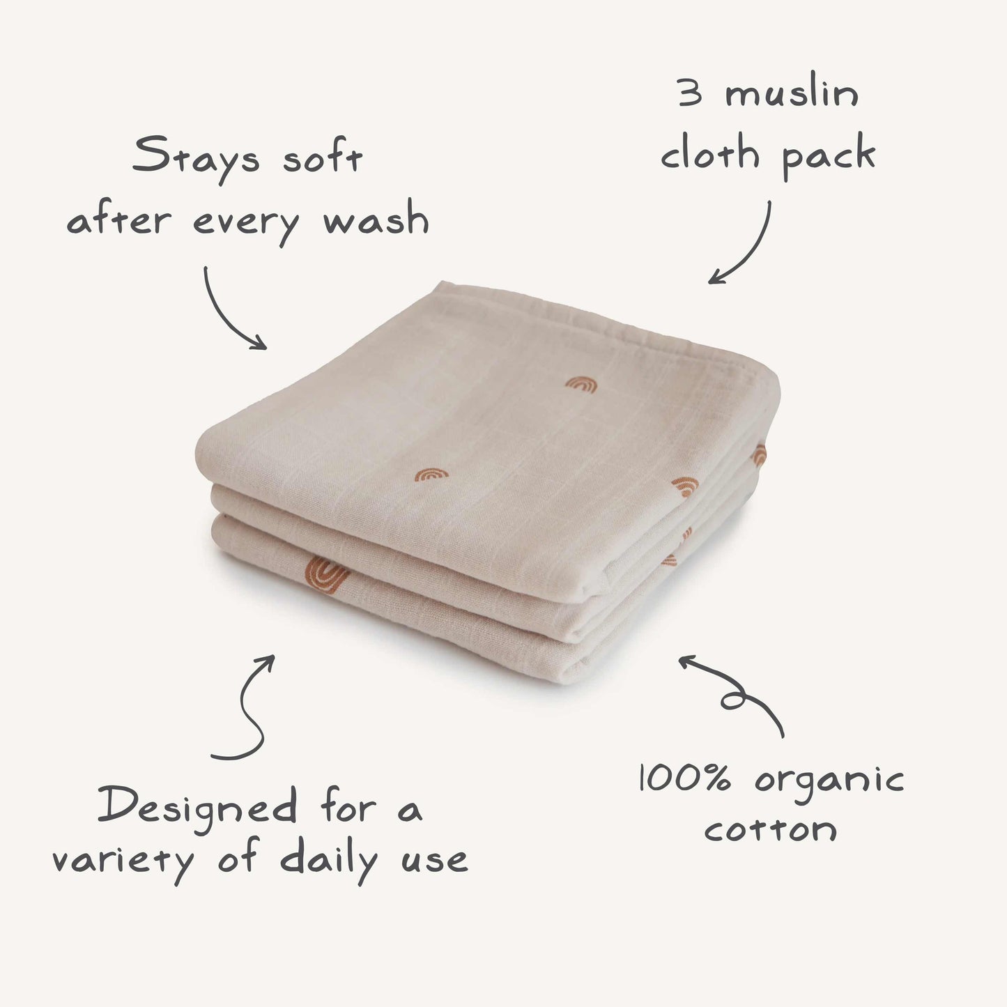 MUSHIE Organic Cotton Muslin Cloths 3-Pack