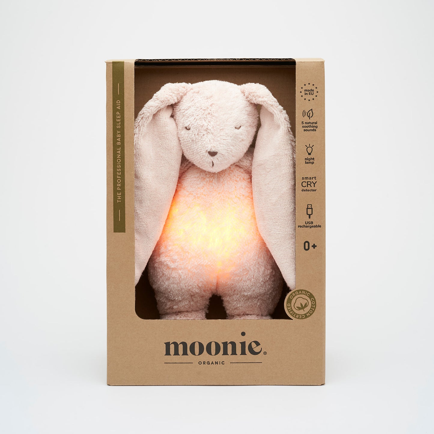 Moonie | Organic Humming Bunny Rose | Baby Sleep Aid with Smart Cry Detector