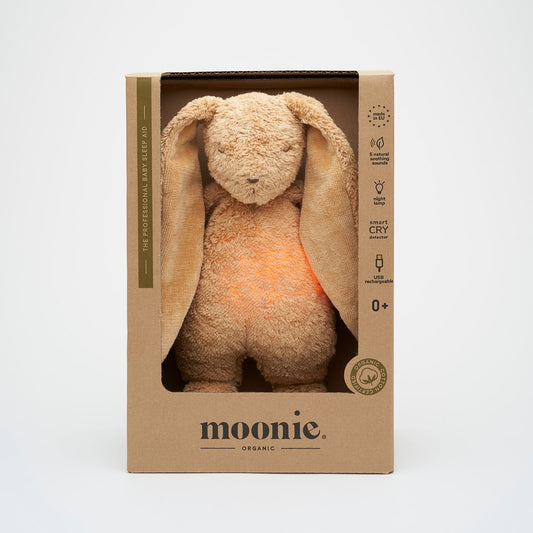 Moonie | Organic Humming Bunny Cappuccino | Baby Sleep Aid with Smart Cry Detector