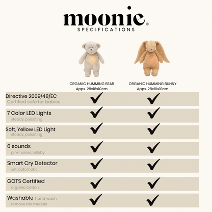 Moonie | Organic Humming Bunny Sand | Baby Sleep Aid with Smart Cry Detector