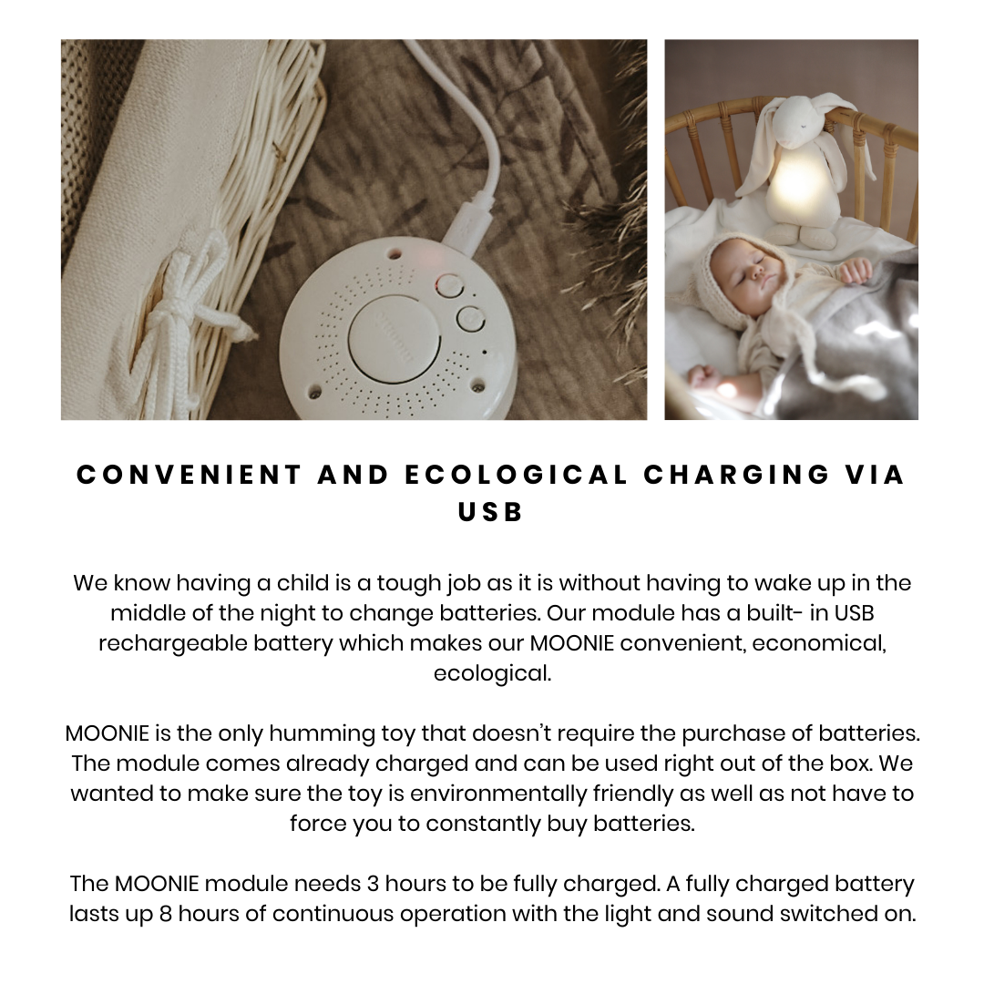Moonie | Organic Humming Bunny Sand | Baby Sleep Aid with Smart Cry Detector